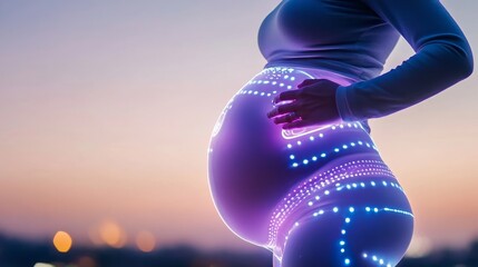 Aufkleber - A pregnant woman stands against a colorful sunset, her silhouette illuminated with glowing lights representing the embryo.