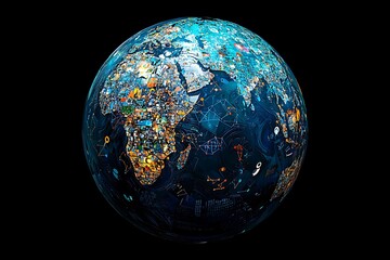 Wall Mural - planet earth illuminated with abstract symbols, depicting worldwide connectivity