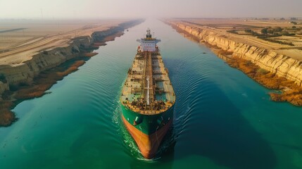 Poster - A cargo ship moves through a wide canal, flanked by dry terrain and gentle hills, under a bright sky in the early morning. The calm water reflects the vessel's colors.