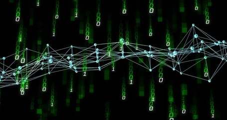 Poster - animation of binary code network connecting over digital matrix background