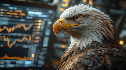 Aufkleber - A striking bald eagle sits proudly in front of trading screens displaying financial data. The eagle symbolizes strength and vigilance in a bustling financial setting.