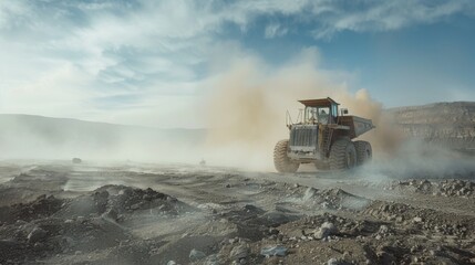 Aufkleber - A large construction vehicle moves through dusty terrain at a mining site in the afternoon. Dust clouds swirl around as it continues its work in the rugged landscape.