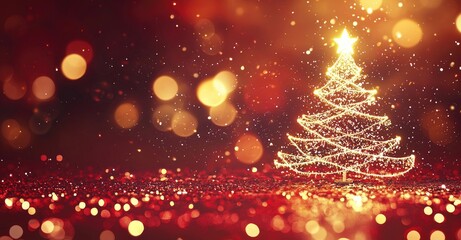 Wall Mural - a shimmering christmas tree with golden lights on a deep red background, surrounded by sparkling bok