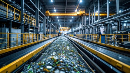 Aufkleber - A busy recycling facility displays a conveyor system filled with glass and plastic waste, showcasing the process of sorting and recycling materials under bright lighting.