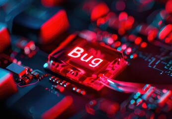 Poster - Close-Up of Glowing Red Bug Button on Circuit Board with Futuristic Background