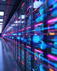 Poster - Futuristic Data Center with Colorful LED Lights in Server Room Perspective View