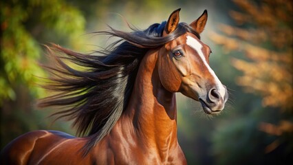  Regal bay Arabian stallion with striking white eye markings on his forehead, set against a rich chestnut brown coat and flowing mane , Eye Markings, Arabian Horse