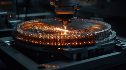 Poster - Advanced Laser Cutting Technology in Action Over Circular Material with Sparkles in Dark Environment