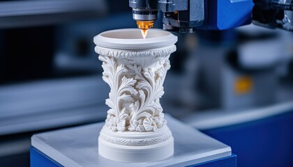 Poster - Detailed close-up of 3D printer creating intricate vase design with elegant floral patterns