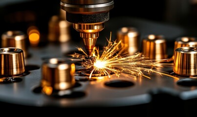 Poster - Close-Up of Laser Cutting Metal with Sparks in Industrial Manufacturing Environment