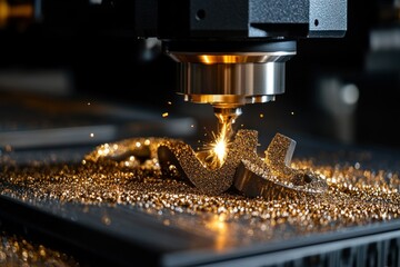 Poster - Precision Machining Process with Sparkling Metal Shavings and Modern CNC Equipment