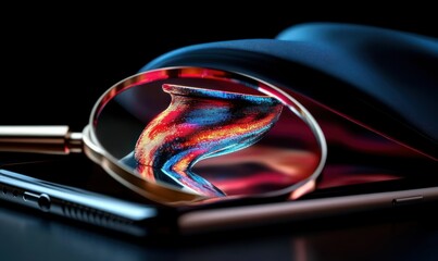 Poster - Artistic Still Life of a Colorful Pot Reflected in a Magnifying Glass on a Dark Surface