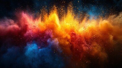 Poster - Vibrant Color Explosion with Bright Shades of Red, Orange, Yellow and Blue Against Dark Background