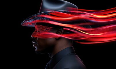 Poster - Mysterious Man in Black Suit with Artistic Hat Surrounded by Dynamic Red Flowing Lights