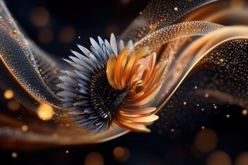 Poster - Abstract flower shapes intertwine with golden particles in a swirling dark background