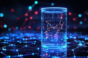 Poster - Abstract Digital Visualization of Data Analysis in a Jar Surrounded by Glowing Networks and Connections
