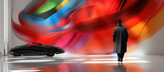 Poster - Elegant Man in Attire Stands Before Colorful Abstract Art in Modern Gallery Setting