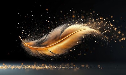 Poster - Golden Feather with Shimmering Dust Floating Against a Dark Background in a Magical Atmosphere
