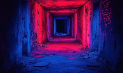 Poster - Neon Colorful Tunnel with Dark Background Creating Mysterious Atmosphere for Photo Shoot