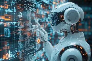 Poster - Futuristic Robot Interacting with Digital Interface in High-Tech Environment with Data Visualization