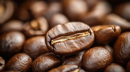 Poster - Close-up texture of roasted coffee beans in warm brown tones with a standout bean in golden ratio