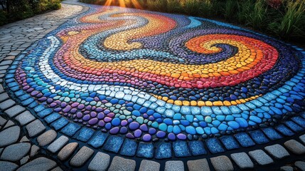 Poster - Vibrant Colorful Pebble Pathway with Artistic Pattern and Sunlight in Background