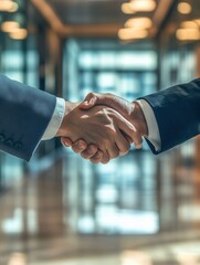 Poster - Businesspeople engage in professional handshake within modern lobby featuring glass walls and polished floors during corporate meeting