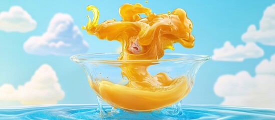Poster - Vibrant Splash of Yellow Liquid Creating Unique Shape in Transparent Bowl Against Blue Sky
