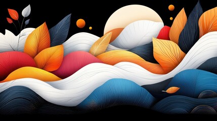 Poster - Abstract Flowing Landscape with Colorful Leaves and Soft Waves Against Black Background