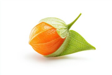 Aufkleber - Detailed macro of bright physalis fruit with a natural vibrant orange and green hue set against a clean white background