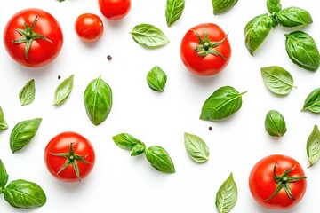 Poster - Fresh organic basil leaves and shiny ripe tomatoes on white background flat lay top view for healthy food concept