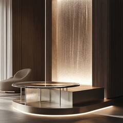 Aufkleber - Captivating Interior Design Showcasing a Chic Round Table with a Glowing Vertical Light and Elegant Waterfall Wall