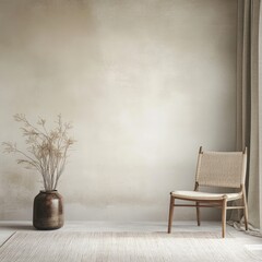 Poster - Minimalist interior with chair and vase for home design studio with carpet and curtain in earth tone