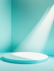 Aufkleber - Serene Minimalist Teal Interior with a Circular White Podium bathed in a Diagonal Light Beam