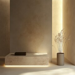 Aufkleber - Interior warm light room minimal style travertine stone platform and dried plant stems in pot aesthetic