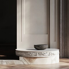Aufkleber - Elegant interior featuring a gray stone bowl on a marble pedestal creating a tranquil atmosphere in natural light