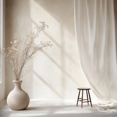 Aufkleber - Serene indoor scene of a flower arrangement in vase with curtains and stool casting soft light rays