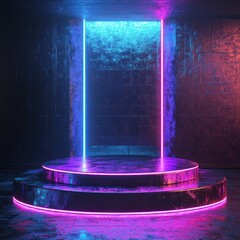 Aufkleber - Futuristic Neon Stage with Glowing Blue and Pink Lights in a Dark Industrial Concrete Room
