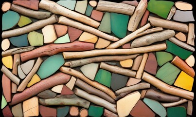 Poster - colorful abstract arrangement of natural wood and stone elements in artistic composition