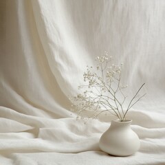 Poster - Delicate blossom in vase against soft draped fabric adding peaceful depth and texture on natural light setting