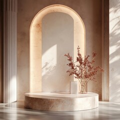 Poster - Illuminated archway and elegant pedestal for product display in interior design with warm sunlight