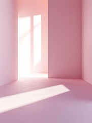 Poster - Serene pink corridor bathed in soft natural light casting gentle shadows creating a minimalist tranquil visual scene