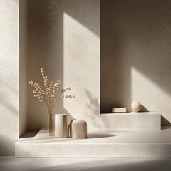 Poster - Serene Composition Minimalist Still Life with Dried Floral Arrangement and Geometric Shapes Beige Tones