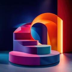 Poster - Bright Colorful Staircase with Arches in Neon Light a Modern Abstract Background for Stock Photography