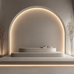 Aufkleber - Elegant Beige Podium with Illuminated Archway and Plants for Product Display Aesthetic Neutral Minimalist