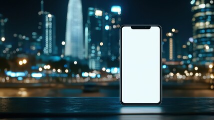 Poster - modern communication, white smartphone on table with cityscape backdrop for business and connectivit