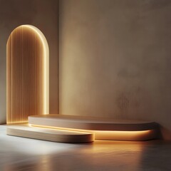 Poster - Abstract beige showroom with glowing archway wooden podium platform minimalist scene illuminated backdrop