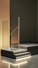 Poster - Minimalist Light Installation With Glass Elements on Concrete Platform Abstract Indoor Illumination Artful Structure Presentation Background
