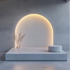 Aufkleber - Contemporary minimalist product display with illuminated arch backdrop in neutral gray tones for elegant showcase