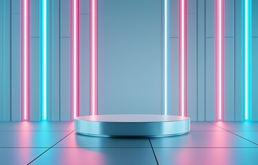 Poster - Dynamic light display stage setup in modern studio environment futuristic neon aesthetic minimalist design